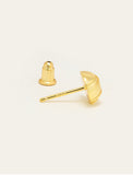 Three gold stud minimalist tennis ball earring shown on a plain light beige background, with one earring displayed from the front and two from the side to show the post and backing by Sonia Hou, a celebrity AAPI inclusive demi-fine jewelry designer. Available in 18K Gold Over Sterling Silver, Sterling Silver and 18K Gold PVD Stainless Steel (Waterproof).