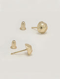 Three silver-toned stud minimalist tennis ball earrings shown on a clean off-white background, with one earring displayed from the front and two from the side showing the post and backing by Sonia Hou, a celebrity AAPI inclusive demi-fine jewelry designer. Available in 18K Gold Over Sterling Silver, Sterling Silver and 18K Gold PVD Stainless Steel (Waterproof).