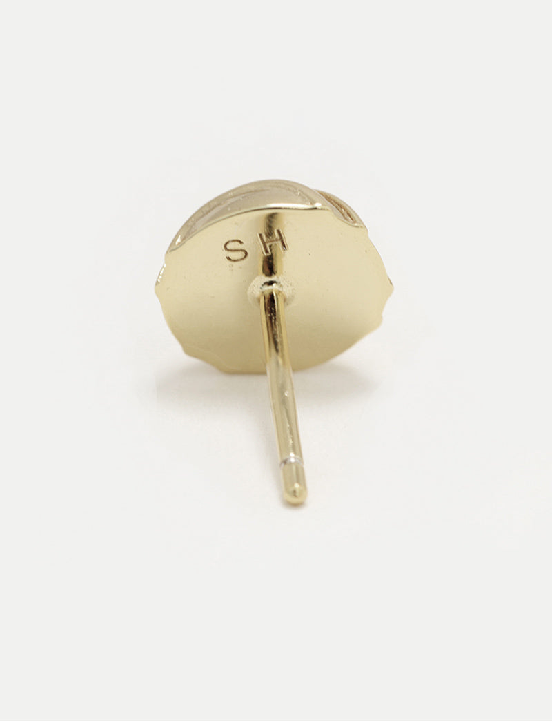 A pair of silver stud minimalist tennis ball earring with a scalloped circular face and a straight post, shown on a clean white background by Sonia Hou, a celebrity AAPI inclusive demi-fine jewelry designer. Available in 18K Gold Over Sterling Silver, Sterling Silver and 18K Gold PVD Stainless Steel (Waterproof). The brand initials 'SH' are engraved on the back of the earrings.