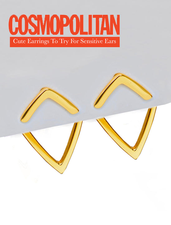 Small modern geometric minimalist simple 2-way convertible TRILL dainty wishbone diamond front back ear jacket stud earrings in 18K gold vermeil with 925 sterling silver base by Sonia Hou, a celebrity AAPI Chinese demi-fine fashion costume jewelry designer