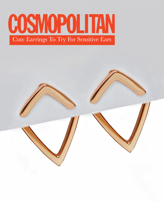 Small modern geometric minimalist simple 2-way convertible TRILL dainty wishbone diamond front back ear jacket stud earrings in 18K rose gold vermeil with 925 sterling silver base by Sonia Hou, a celebrity AAPI Chinese demi-fine fashion costume jewelry designer