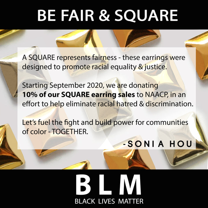 Female model wearing inclusive, minimalist SQAURE stud small chunky bold thick statement earrings in 18K Gold Vermeil with 925 Sterling Silver base by Sonia Hou, a celebrity AAPI Chinese demi-fine jewelry designer. Promotes racial equality and justice.