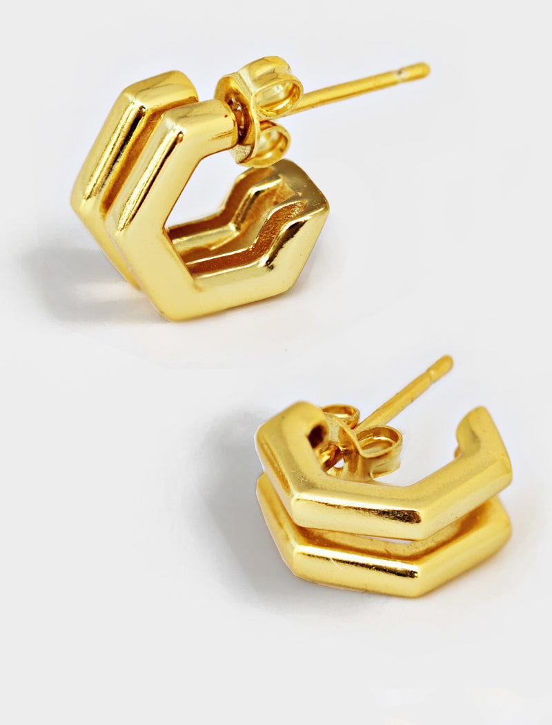 Minimalist small chunky bold thick dainty stacking layering statement round FUTURISTIC Double Hexagon Huggie Hoop Earrings in 18K Gold Vermeil With 925 Sterling Silver base by Sonia Hou, a celebrity AAPI Chinese demi-fine jewelry designer