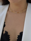 Female Model wearing Essential Minimalist Large Thick Chunky Link Chain Paperclip Mid Length Choker Layering Statement Necklace in 18K Gold Vermeil With Sterling Silver base by Sonia Hou, a celebrity Chinese AAPI demi-fine jewelry designer