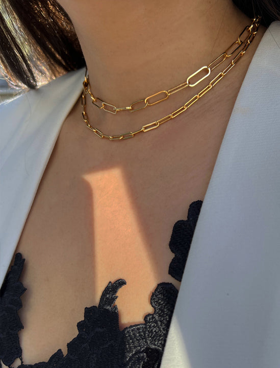 Female Model wearing Essential Minimalist Large Thick Chunky Link Chain Paperclip Mid Length Choker Layering Statement Necklace in 18K Gold Vermeil With Sterling Silver base by Sonia Hou, a celebrity Chinese AAPI demi-fine jewelry designer