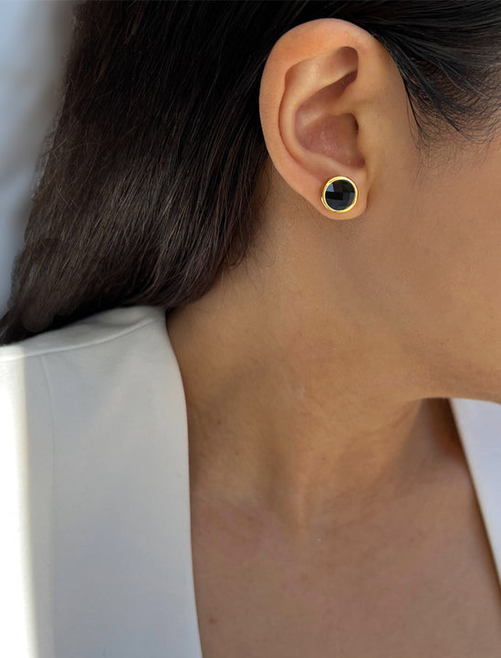 Female Model Wearing FIRE 3-Way Convertible 24K Gold Black Earring Stud Jackets in Onyx Gemstone by SONIA HOU Jewelry