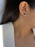 Female Model Wearing FIRE 24K Gold Stud Earrings In Blue Denim Lapis Lazuli Gemstone by SONIA HOU Jewelry