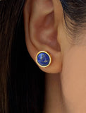 Female model wearing FIRE 24K Gold Blue Earring Jackets In Denim Lapis Lazuli Gemstone by SONIA HOU Jewelry