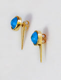 Luxe minimalist small or big FIRE 3-Way Convertible Geometric Turquoise Gemstone Round Stud Triangle Spike Earring Jackets in 24K Gold by Sonia Hou, a celebrity AAPI Asian Chinese demi-fine fashion costume jewelry designer. Actress Jessica Alba wore these similar modern spike ear jackets.