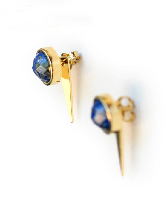 Luxe minimalist small or big FIRE 3-Way Convertible Geometric Blue Denim Lapis Lazuli Gemstone Round Stud Triangle Spike Earring Jackets in 24K Gold by Sonia Hou, a celebrity AAPI Chinese demi-fine fashion costume jewelry designer. Actress Jessica Alba wore these similar modern spike ear jackets.