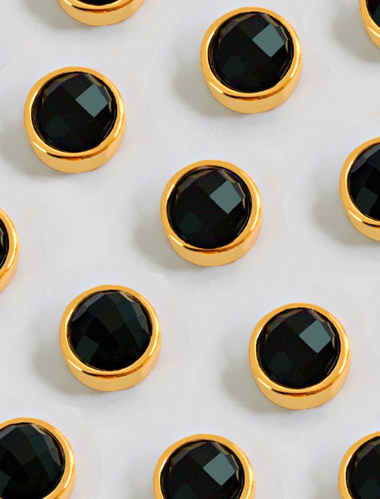 Luxe minimalist small or big FIRE 3-Way Convertible Black Onyx Gemstone Round Stud earrings in 24K Gold by Sonia Hou, a celebrity AAPI Asian Chinese demi-fine fashion costume jewelry designer. 