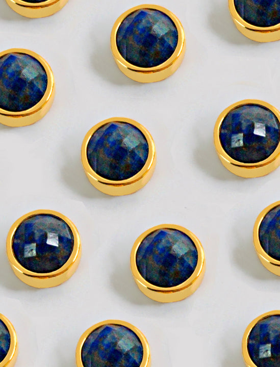 Luxe minimalist small or big FIRE 3-Way Convertible Blue Denim Lapis Lazuli Gemstone Round Stud earrings in 24K Gold by Sonia Hou, a celebrity AAPI Asian Chinese demi-fine fashion costume jewelry designer. 