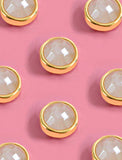 Luxe minimalist small or big FIRE 3-Way Convertible White Quartz Gemstone Round Stud earrings in 24K Gold by Sonia Hou, a celebrity AAPI Asian Chinese demi-fine fashion costume jewelry designer. 
