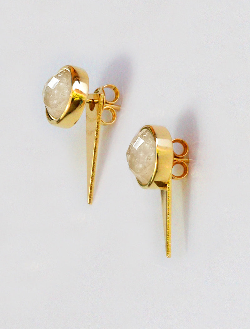 Luxe minimalist small or big FIRE 3-Way Convertible Geometric White Quartz Gemstone Round Stud Triangle Spike Earring Jackets in 24K Gold by Sonia Hou, a celebrity AAPI Chinese demi-fine fashion costume jewelry designer. Actress Jessica Alba wore these similar modern spike ear jackets.