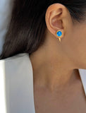 Asian female model wearing  FIRE 3-Way Convertible Gemstone Gold Earring Studs In Turquoise Gemstone by SONIA HOU Jewelry