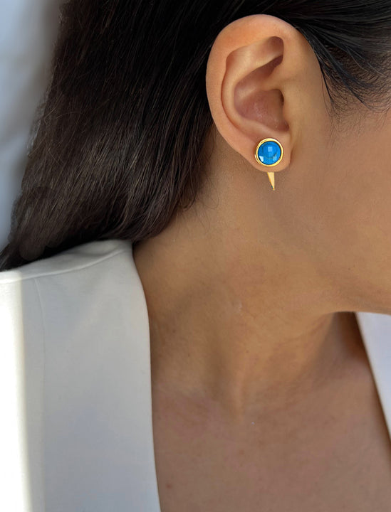 Asian Female model wearing Fire 24K Gold Blue Earring Jackets in Turquoise Gemstone by Sonia Hou Jewelry