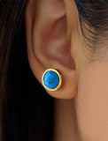 Female model wearing FIRE 3-Way Convertible 24K Gold Gemstone Stud earrings In Turquoise by SONIA HOU Jewelry