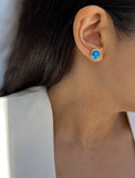 Female model wearing luxe minimalist small or big FIRE 3-Way Convertible Turquoise Gemstone Round Stud earrings in 24K Gold by Sonia Hou, a celebrity AAPI Asian Chinese demi-fine fashion costume jewelry designer. 
