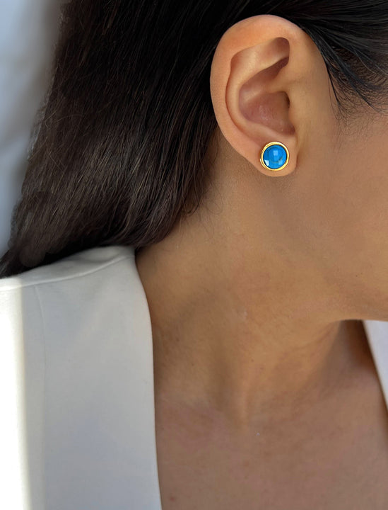 Female model wearing FIRE 3-Way Convertible 24K Gold Gemstone Stud earrings In Turquoise by SONIA HOU Jewelry