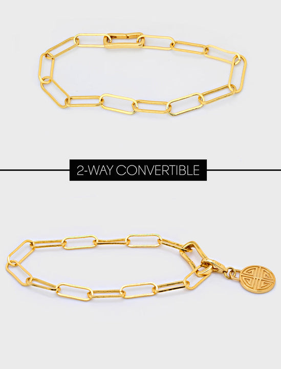 Asian Inspired Minimalist 2 Way Convertible Lucky Charm Coin Four Blessings Pendant With A Paperclip Link Chain Statement Bold Thick Chunky Layering Stacking Rectangular Bracelet in 18K Gold Vermeil With Sterling Silver base by Sonia Hou, a celebrity AAPI Chinese demi-fine jewelry designer