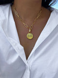 Female model wearing gender neutral Asian Inspired Lucky Charm Four Blessings 3-Way Convertible Coin Pendant with a Large Paperclip Link Chain Statement Bold Thick Chunky Layering Stacking Rectangular Necklace in 18K Gold Vermeil Over Sterling Silver by Sonia Hou, a celebrity AAPI Chinese demi-fine jewelry designer