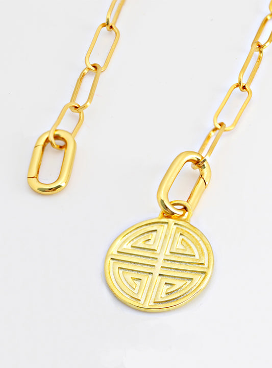 Gender neutral Asian Inspired Lucky Charm Four Blessings 3-Way Convertible Coin Pendant with a Large Paperclip Link Chain Statement Bold Thick Chunky Layering Stacking Rectangular Necklace in 18K Gold Vermeil Over Sterling Silver by Sonia Hou, a celebrity AAPI Chinese demi-fine jewelry designer