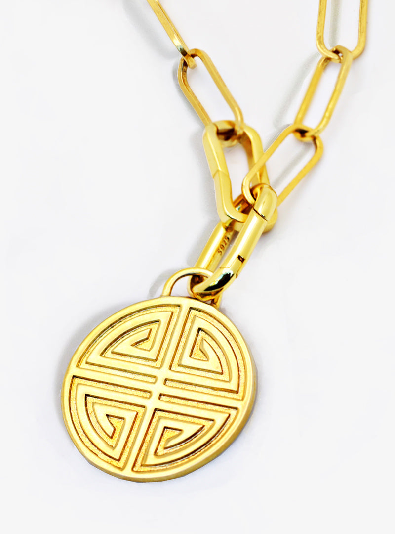Gender neutral Asian Inspired Lucky Charm Four Blessings 3-Way Convertible Coin Pendant with a Large Paperclip Link Chain Statement Bold Thick Chunky Layering Stacking Rectangular Necklace in 18K Gold Vermeil Over Sterling Silver by Sonia Hou, a celebrity AAPI Chinese demi-fine jewelry designer
