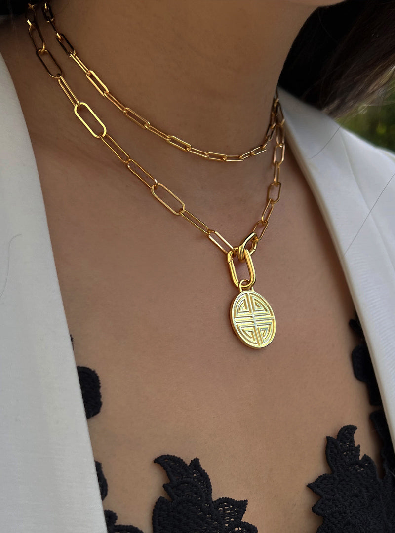Female model wearing gender neutral Asian Inspired Lucky Charm Four Blessings 3-Way Convertible Coin Pendant with a Large Paperclip Link Chain Statement Bold Thick Chunky Layering Stacking Rectangular Necklace in 18K Gold Vermeil Over Sterling Silver by Sonia Hou, a celebrity AAPI Chinese demi-fine jewelry designer