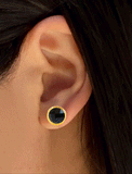 Female model wearing luxe minimalist small or big FIRE 3-Way Convertible Gemstone Round Stud earrings in 24K Gold by Sonia Hou, a celebrity AAPI Asian Chinese demi-fine fashion costume jewelry designer. 