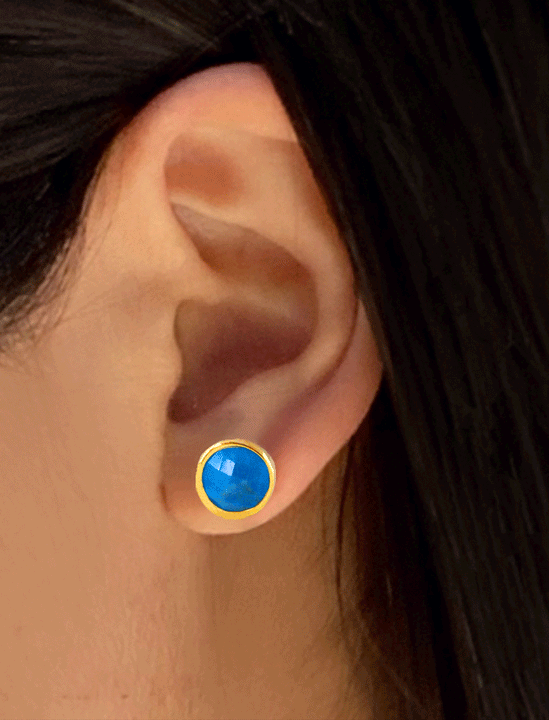 Female model wearing Fire 24K Gold Blue Earring Jackets in Turquoise Gemstone by Sonia Hou Jewelry