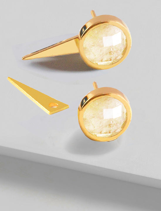 Luxe minimalist small or big FIRE 3-Way Convertible Geometric White Quartz Gemstone Round Stud Triangle Spike Earring Jackets in 24K Gold by Sonia Hou, a celebrity AAPI Chinese demi-fine fashion costume jewelry designer. Actress Jessica Alba wore these similar modern spike ear jackets.