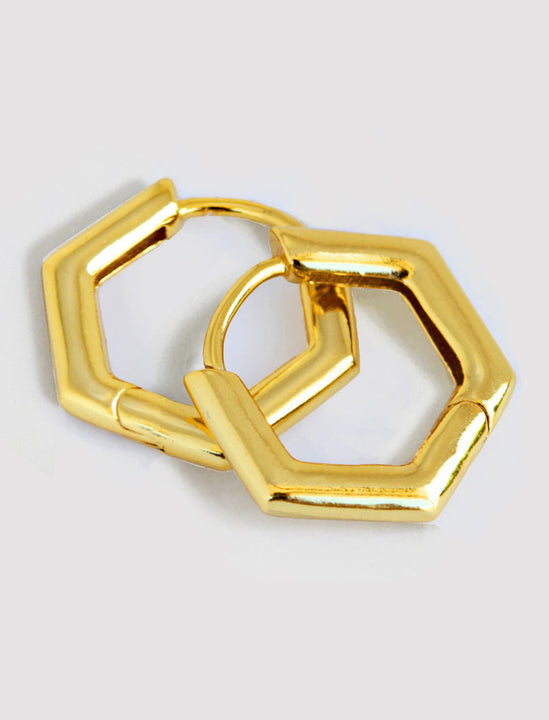 Minimalist mini tiny small chunky bold thick dainty stacking layering statement round INNOVATE Hexagon Huggie Hoop Earrings in 18K Gold Vermeil With 925 Sterling Silver base by Sonia Hou, a celebrity Asian AAPI Chinese demi-fine jewelry designer