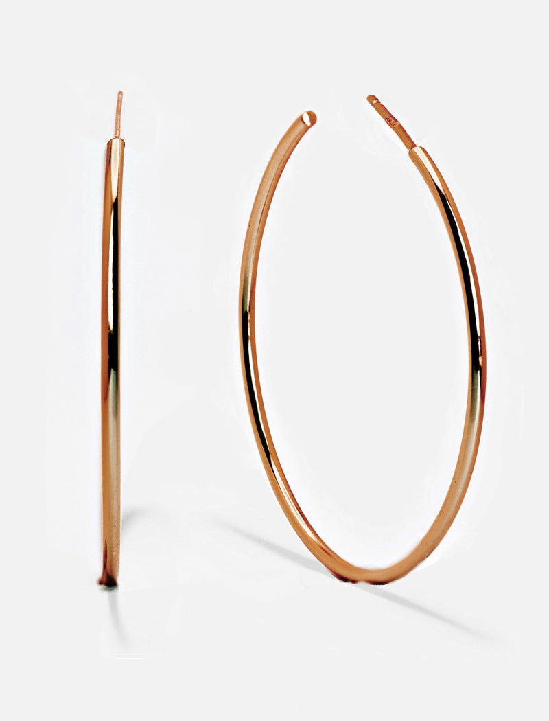 Big medium large thin round circle PERFECT 50mm or 2 inch hoop stacking lightweight everyday statement earrings in 18K rose gold vermeil with a 925 Sterling Silver base by Sonia Hou, a celebrity AAPI Chinese demi-fine jewelry designer