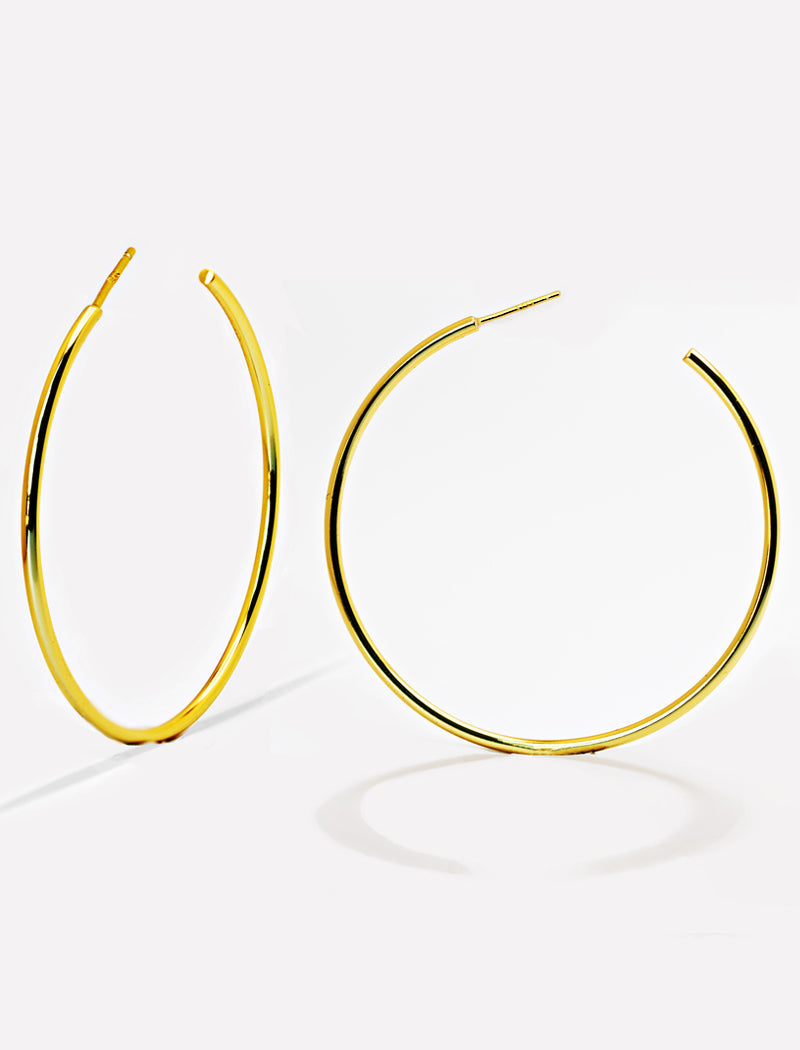 Big medium large thin round circle PERFECT 50mm or 2 inch hoop stacking lightweight everyday statement earrings in 18K Gold Vermeil With 925 Sterling Silver base by Sonia Hou, a celebrity AAPI Chinese demi-fine jewelry designer