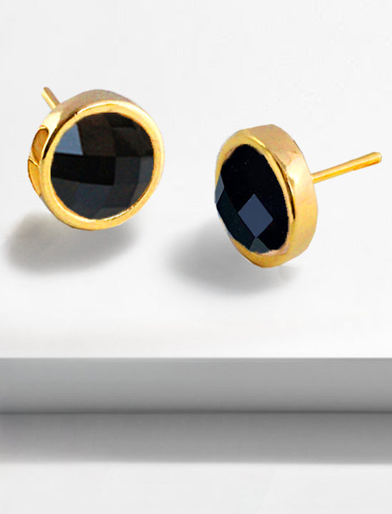 Luxe minimalist small or big FIRE 3-Way Convertible Black Onyx Gemstone Round Stud earrings in 24K Gold by Sonia Hou, a celebrity AAPI Asian Chinese demi-fine fashion costume jewelry designer. 