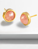 Luxe minimalist small or big FIRE 3-Way Convertible Pink Coral Gemstone Round Stud earrings in 24K Gold by Sonia Hou, a celebrity AAPI Asian Chinese demi-fine fashion costume jewelry designer. 