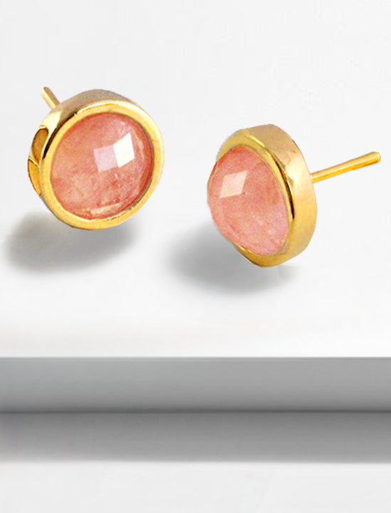 Luxe minimalist small or big FIRE 3-Way Convertible Pink Coral Gemstone Round Stud earrings in 24K Gold by Sonia Hou, a celebrity AAPI Asian Chinese demi-fine fashion costume jewelry designer. 