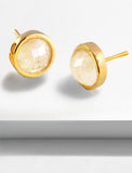 Luxe minimalist small or big FIRE 3-Way Convertible White Quartz Gemstone Round Stud earrings in 24K Gold by Sonia Hou, a celebrity AAPI Asian Chinese demi-fine fashion costume jewelry designer. 
