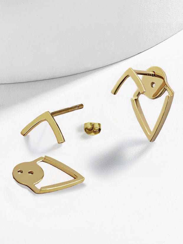 Female model wearing small modern geometric minimalist simple 2-way convertible TRILL dainty wishbone diamond front back ear jacket stud earrings in 925 sterling silver by Sonia Hou, a celebrity AAPI Chinese demi-fine fashion costume jewelry designer