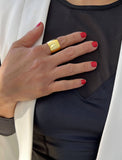 Female model wearing RICH 18K GOLD Vermeil THICK CHUNKY STATEMENT BAND RING BY Sonia Hou JEWELRY 