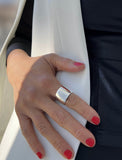 Female model wearing RICH STERLING SILVER THICK STATEMENT CHUNKY BAND RING by Sonia Hou JEWELRY