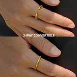 Female model wearing adjustable minimalist Success Simple Midi Thick Chunky Thin Bold Layering Stacking Statement 2 Way Convertible Band Open Ring in 18K Gold Vermeil with sterling silver base by Sonia Hou, a celebrity AAPI Chinese demi-fine fashion costume jewelry designer