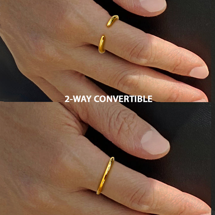 Female model wearing adjustable minimalist Success Simple Midi Thick Chunky Thin Bold Layering Stacking Statement 2 Way Convertible Band Open Ring in 18K Gold Vermeil with sterling silver base by Sonia Hou, a celebrity AAPI Chinese demi-fine fashion costume jewelry designer