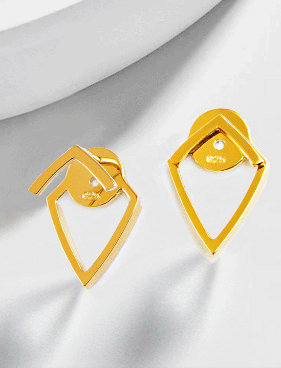 Small modern geometric minimalist simple 2-way convertible TRILL dainty wishbone diamond front back ear jacket stud earrings in 18K gold vermeil with 925 sterling silver base by Sonia Hou, a celebrity AAPI Chinese demi-fine fashion costume jewelry designer