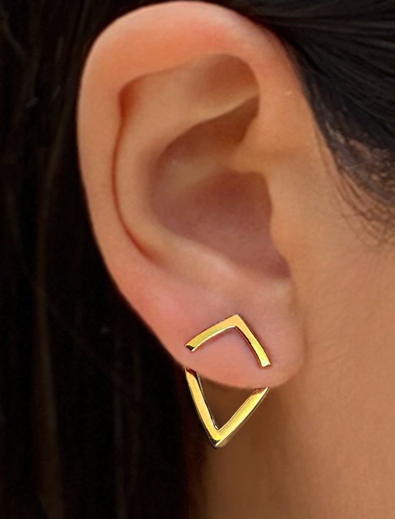 Female model wearing small modern geometric minimalist simple 2-way convertible TRILL dainty wishbone diamond front back ear jacket stud earrings in 18K gold vermeil with 925 sterling silver base by Sonia Hou, a celebrity AAPI Chinese demi-fine fashion costume jewelry designer