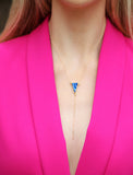 Female Model Wearing UNICORN 14K Gold Y Necklace Blissfully Blue Agate Gemstone by SONIA HOU Jewelry